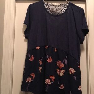 Silk and cotton floral tee with lace back